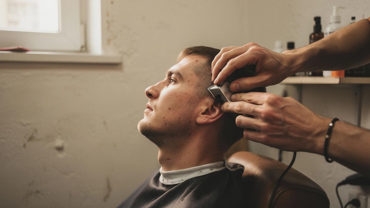 Barber shaping a client's beard line at a studio chair in Kyiv