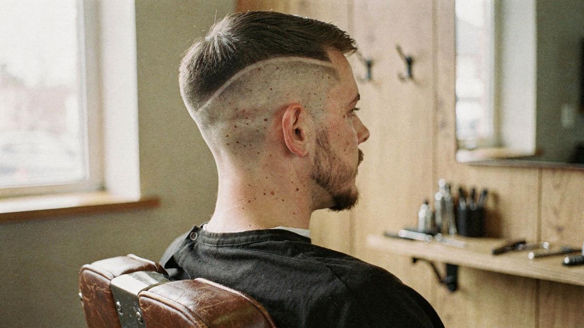 Finished haircut and beard line in the studio chair, marked where beard line, neck taper and style finish sit